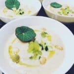 Almond and Grape Gazpacho with Cucumber, Pickled Green Strawberries, Sherry Vinegar, Marcona Almonds and Herbs